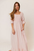 Sienna 100% Cotton Puff Sleeve Maxi Dress in Pale Pink Foliage - Bump Friendly