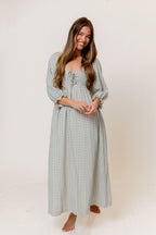 Cecilia 100% Cotton Smocked Maxi Dress in Light Indigo Plaid (Lined) - Bump Friendly