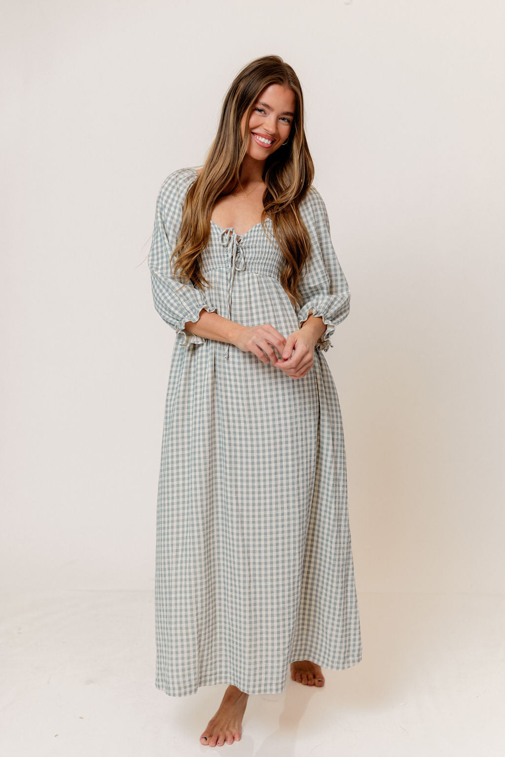 Cecilia 100% Cotton Smocked Maxi Dress in Light Indigo Plaid (Lined) - Bump Friendly