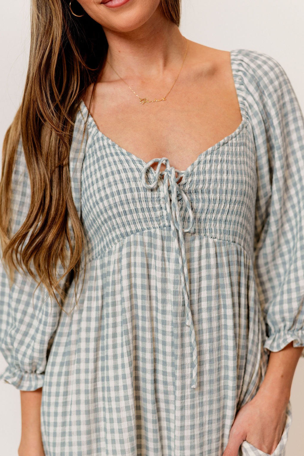 Cecilia 100% Cotton Smocked Maxi Dress in Light Indigo Plaid (Lined) - Bump Friendly