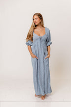 Cecilia 100% Cotton Smocked Maxi Dress in Light Indigo Foliage - Bump Friendly