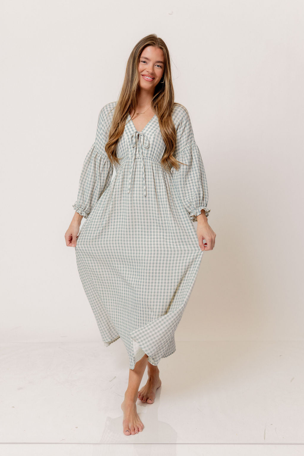 Hunter 100% Cotton Midi Dress in Light Indigo Plaid (Lined) - Bump Friendly