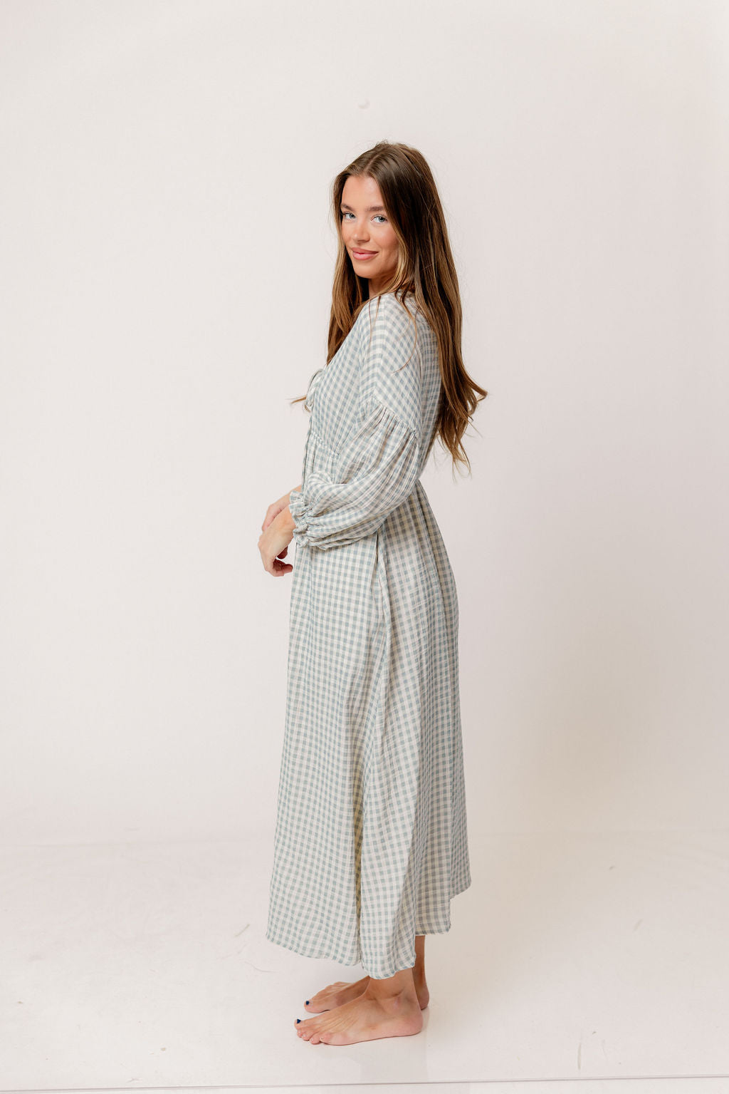 Hunter 100% Cotton Midi Dress in Light Indigo Plaid (Lined) - Bump Friendly