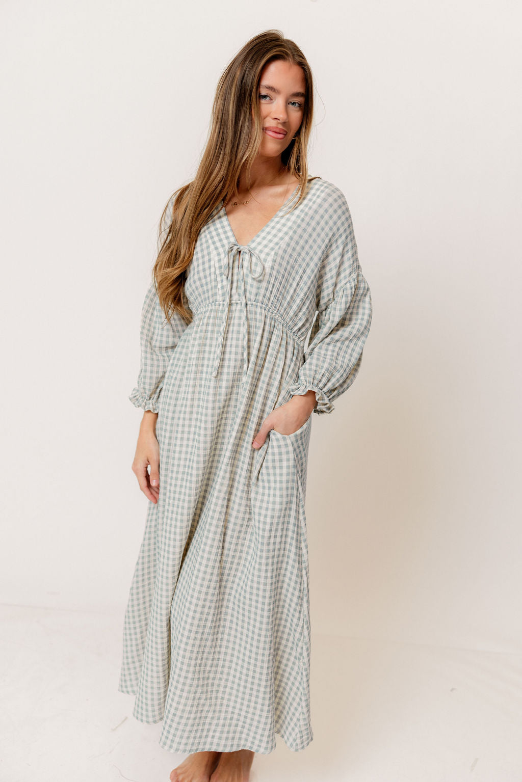 Hunter 100% Cotton Midi Dress in Light Indigo Plaid (Lined) - Bump Friendly
