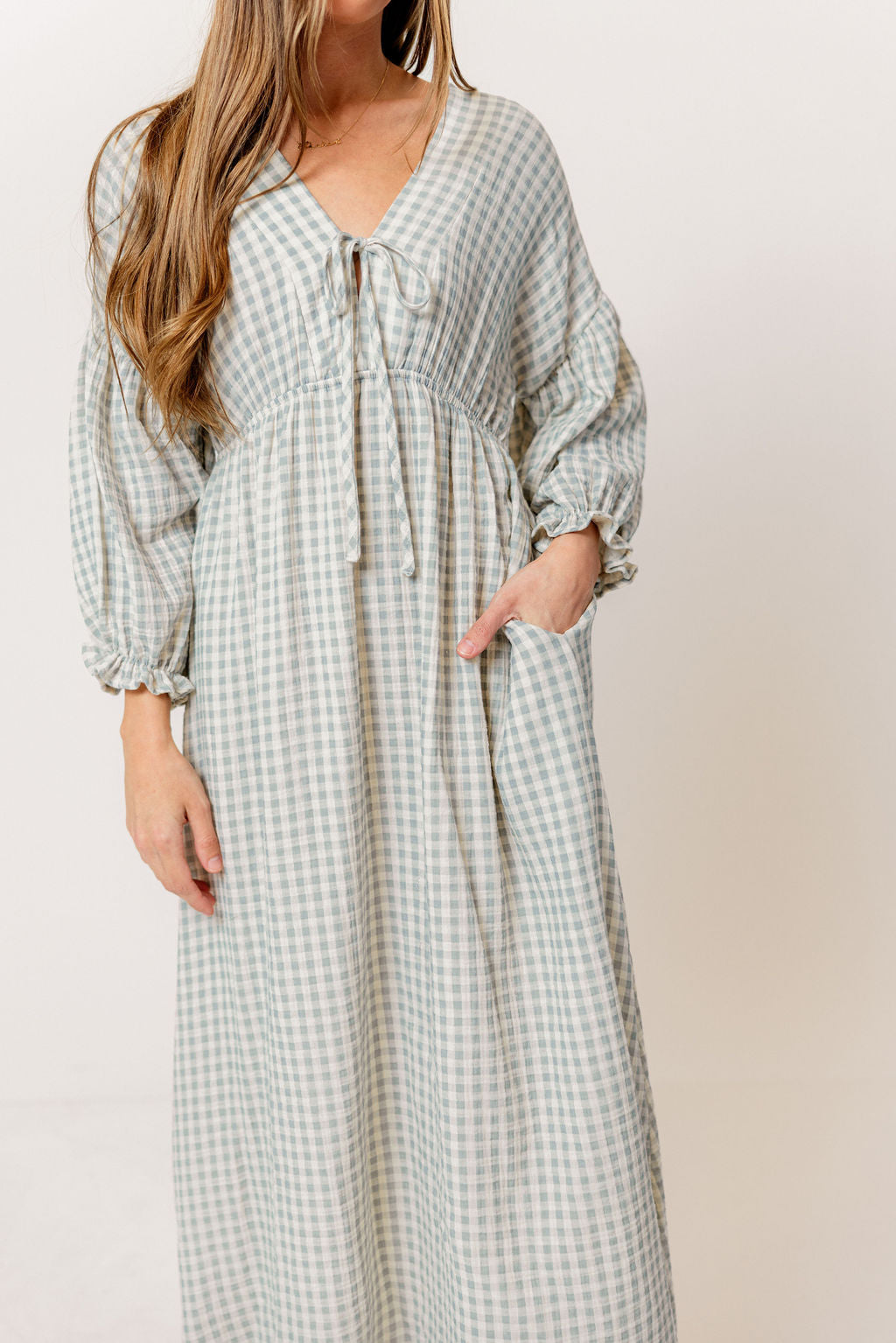 Hunter 100% Cotton Midi Dress in Light Indigo Plaid (Lined) - Bump Friendly