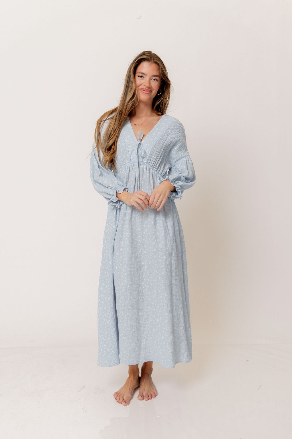 Hunter 100% Cotton Midi Dress in Baby Blue Foliage - Bump Friendly
