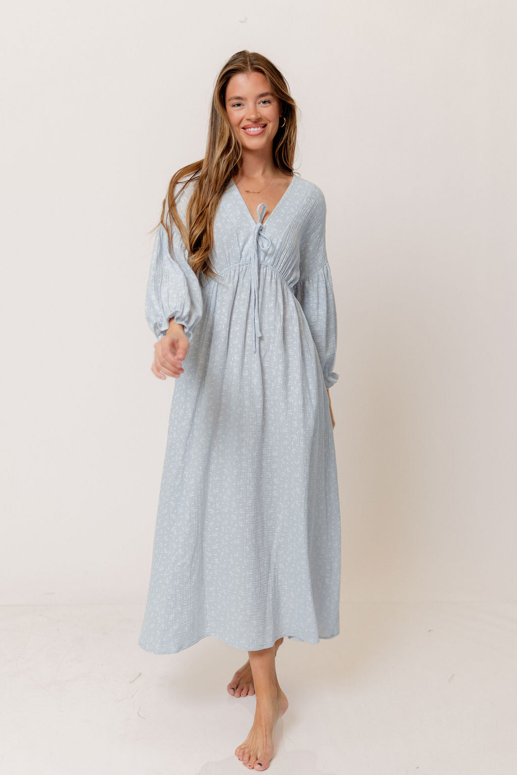 Hunter 100% Cotton Midi Dress in Baby Blue Foliage - Bump Friendly