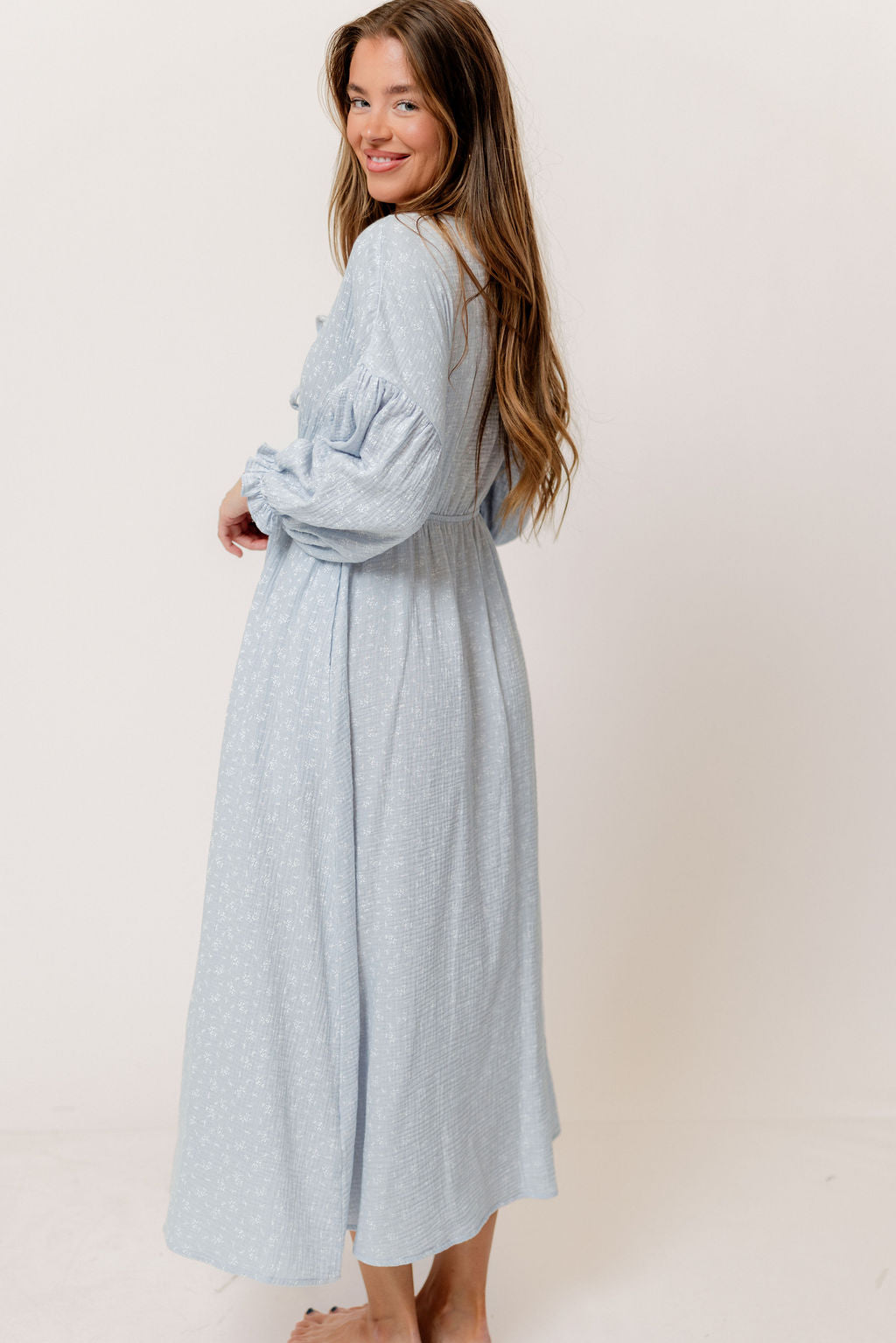 Hunter 100% Cotton Midi Dress in Baby Blue Foliage - Bump Friendly