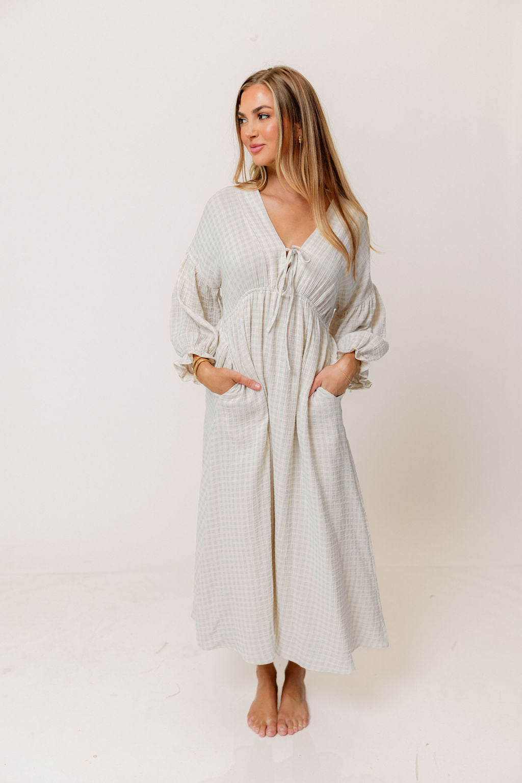 Hunter 100% Cotton Midi Dress in Baby Blue Plaid (Lined) - Bump Friendly