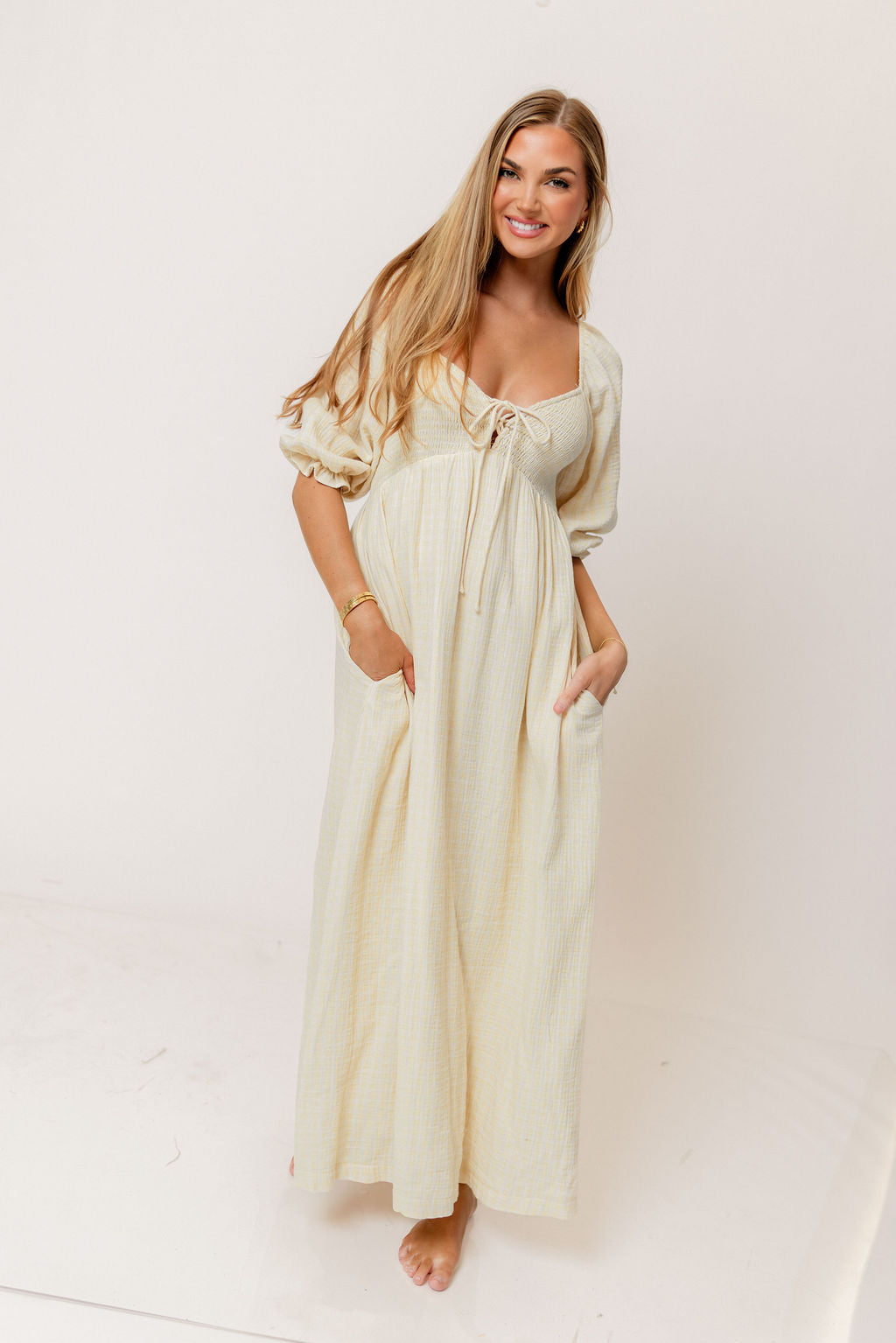 Cecilia 100% Cotton Smocked Maxi Dress in Custard Plaid (Lined) - Bump Friendly