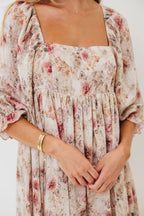 Mona Maxi Dress with Smocking in Pink/Beige Multi Floral - Bump Friendly