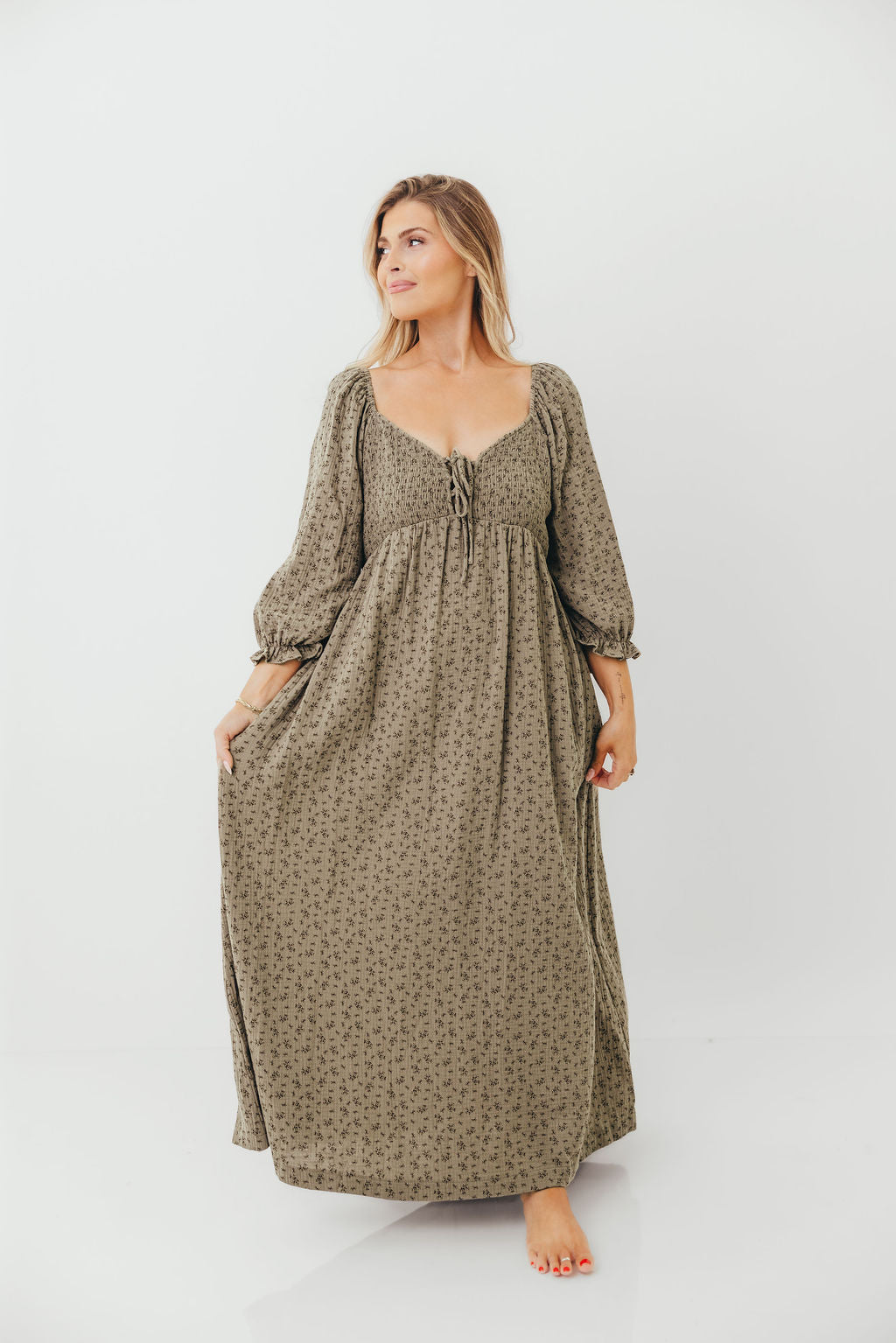 Cecilia 100% Cotton Maxi Dress in Olive Foliage
