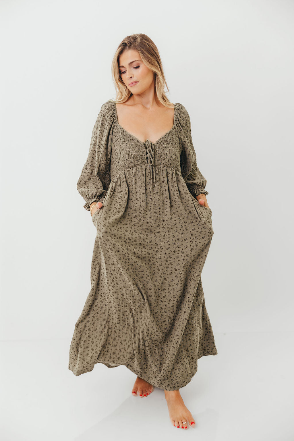 Cecilia 100% Cotton Maxi Dress in Olive Foliage