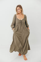 Cecilia 100% Cotton Maxi Dress in Olive Foliage
