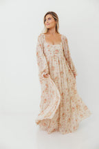 Rosey Woven Floral Print Empire Maxi Dress in Cream Multi - Bump Friendly