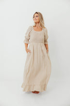 Sienna 100% Cotton Puff Sleeve Maxi Dress in Natural Plaid - Bump Friendly