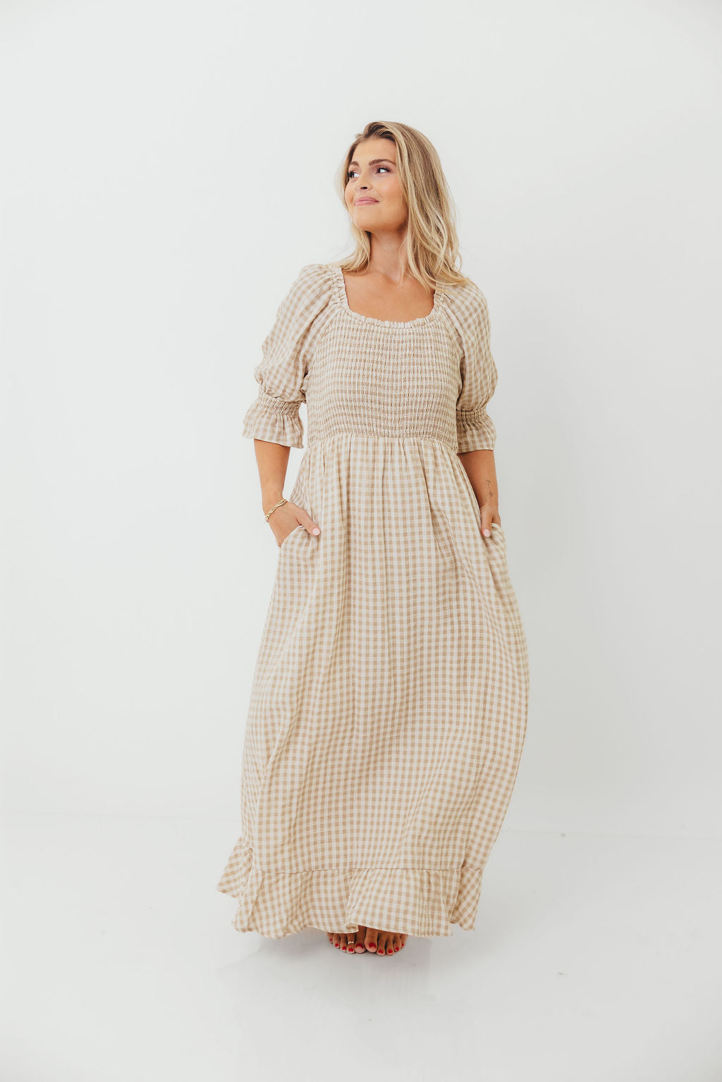 Sienna 100% Cotton Puff Sleeve Maxi Dress in Natural Plaid - Bump Friendly