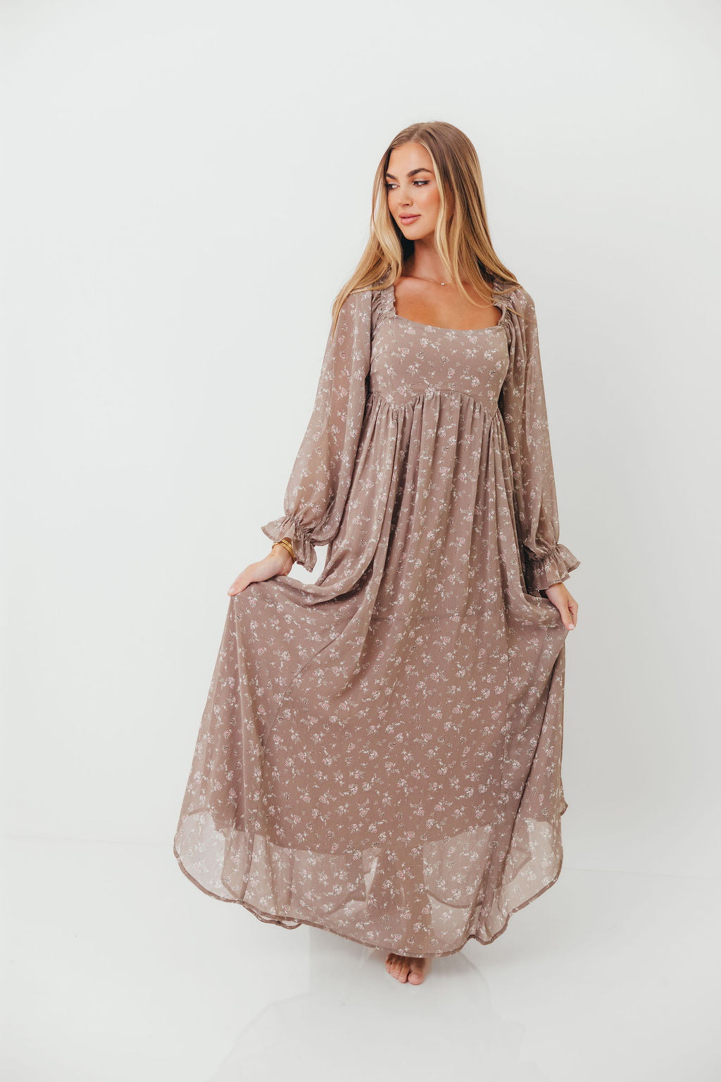 Amy Floral Long Sleeve Maxi Dress in Mocha Multi - Bump Friendly (Restocking in August)