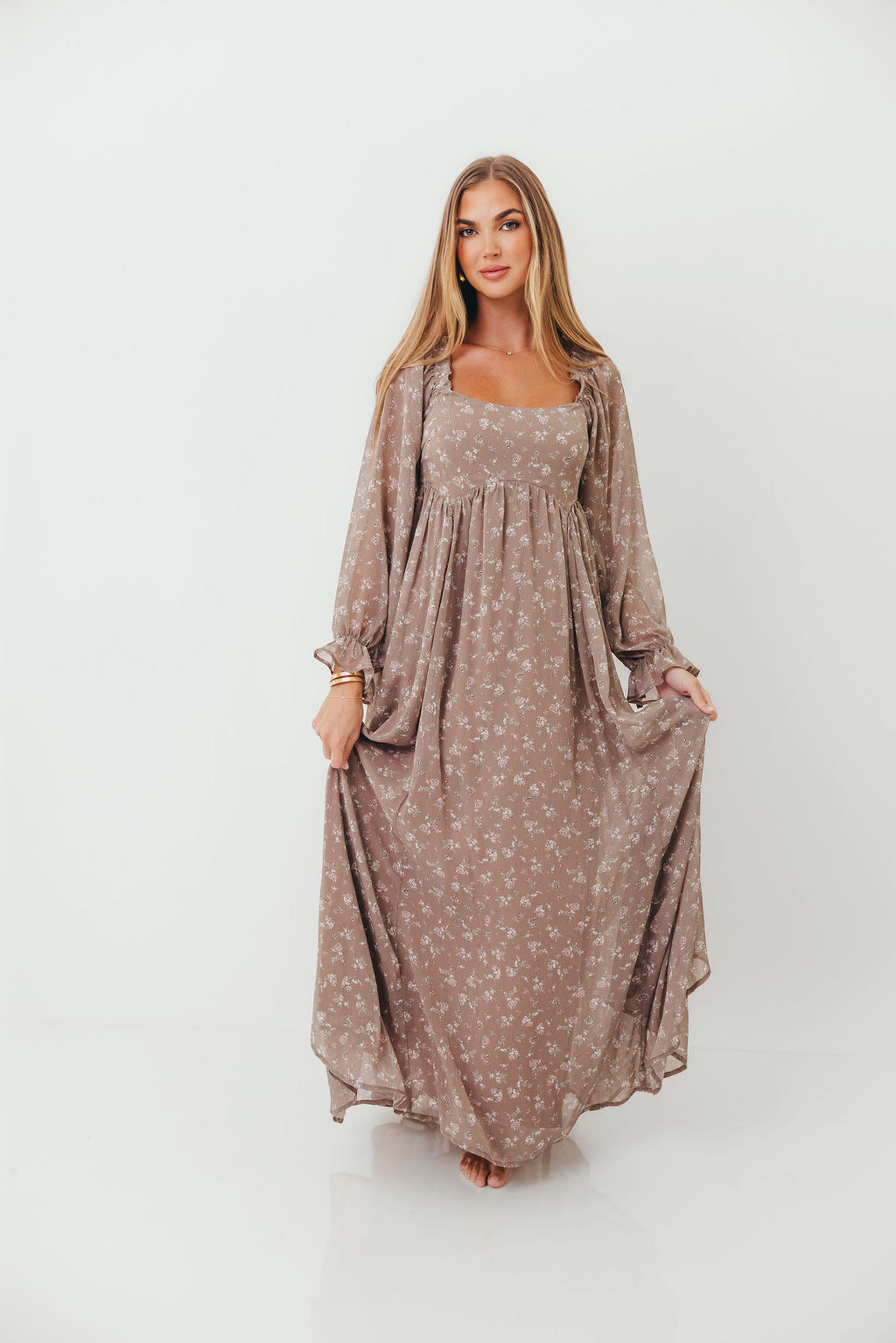 Amy Floral Long Sleeve Maxi Dress in Mocha Multi - Bump Friendly (Restocking in August)