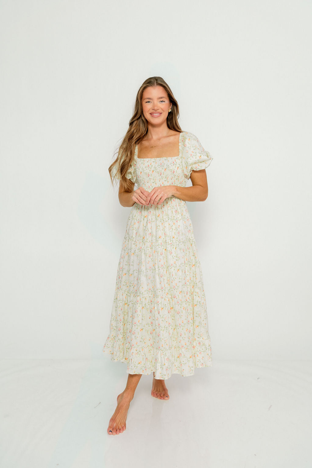 Mia 100% Cotton Midi Dress in Cream Multi Floral