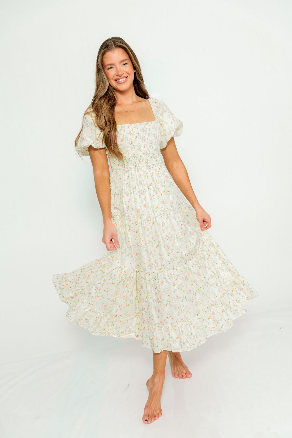 Mia 100% Cotton Midi Dress in Cream Multi Floral