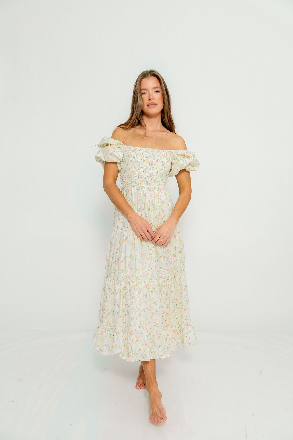 Mia 100% Cotton Midi Dress in Cream Multi Floral