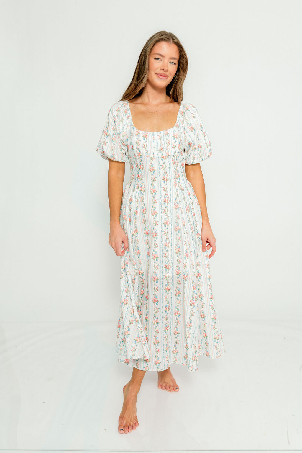 Eliana Floral Puff Sleeve Midi Dress in Off White Multi