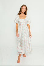 Eliana Floral Puff Sleeve Midi Dress in Off White Multi