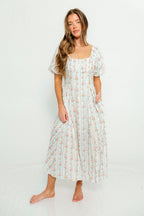 Eliana Floral Puff Sleeve Midi Dress in Off White Multi