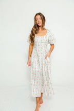 Eliana Floral Puff Sleeve Midi Dress in Off White Multi