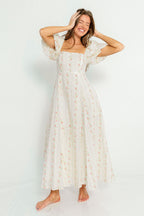 Tate 100% Cotton Floral Print Puff Sleeve Maxi Dress in Off-White