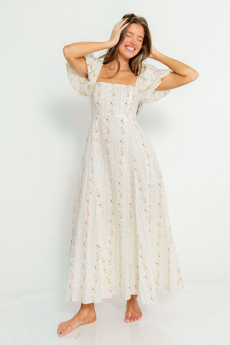 Tate 100% Cotton Floral Print Puff Sleeve Maxi Dress in Off-White