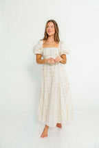 Tate 100% Cotton Floral Print Puff Sleeve Maxi Dress in Off-White