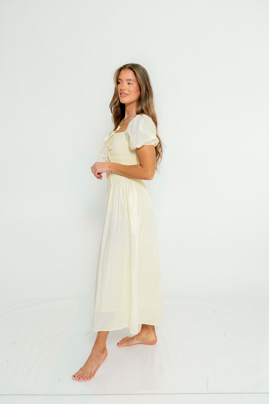Arabelle Smocked Bow Detail Maxi Dress in Lemon Water