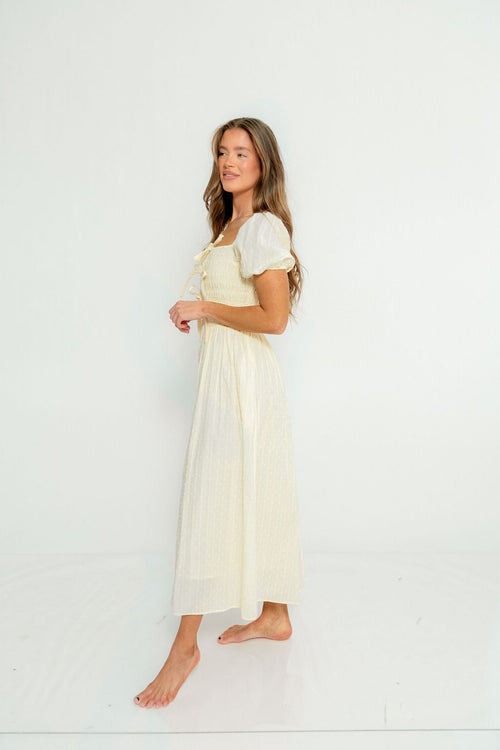 Arabelle Smocked Bow Detail Maxi Dress in Lemon Water