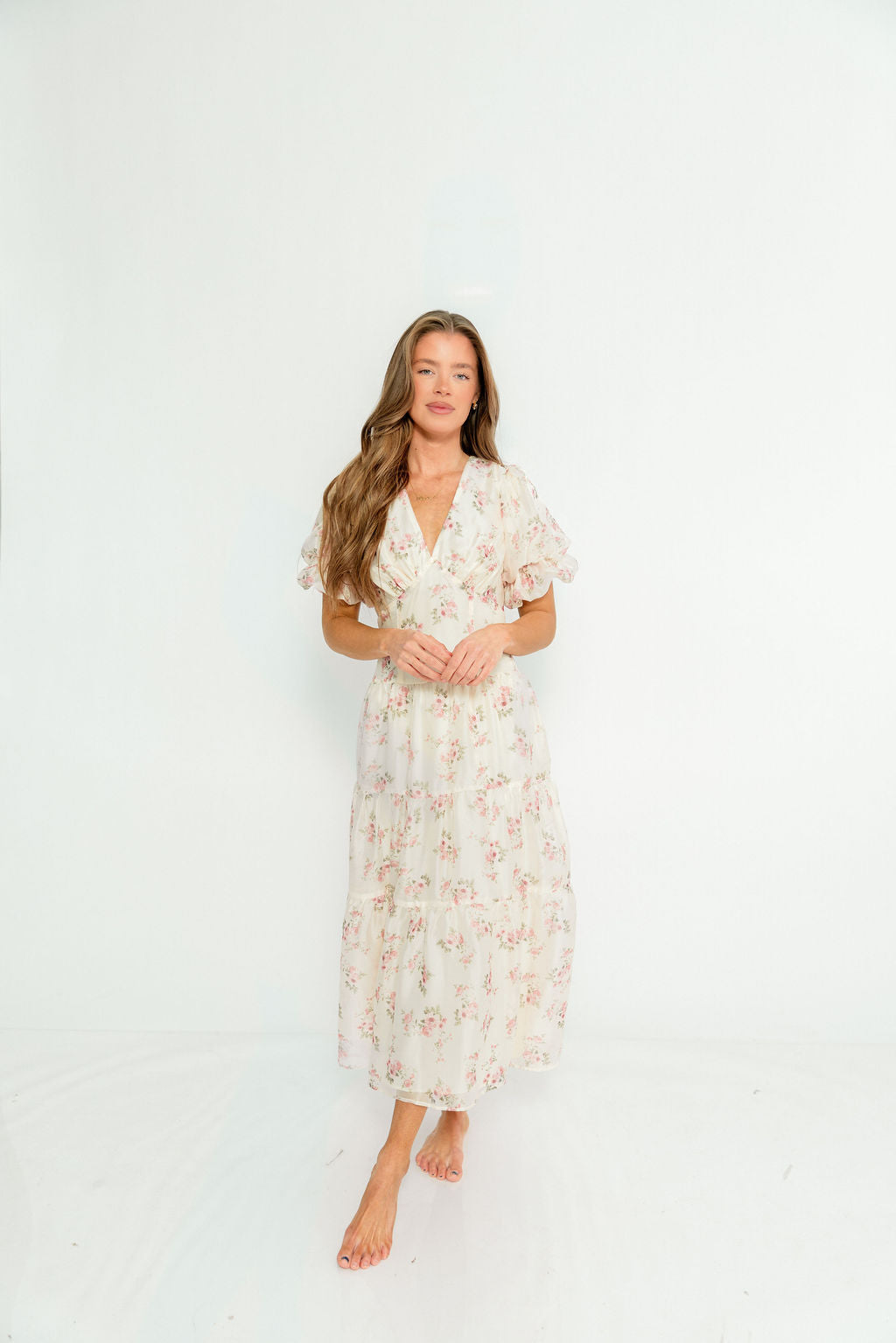 Kels Puff Sleeve Tiered Midi Dress in Ivory/Pink Floral