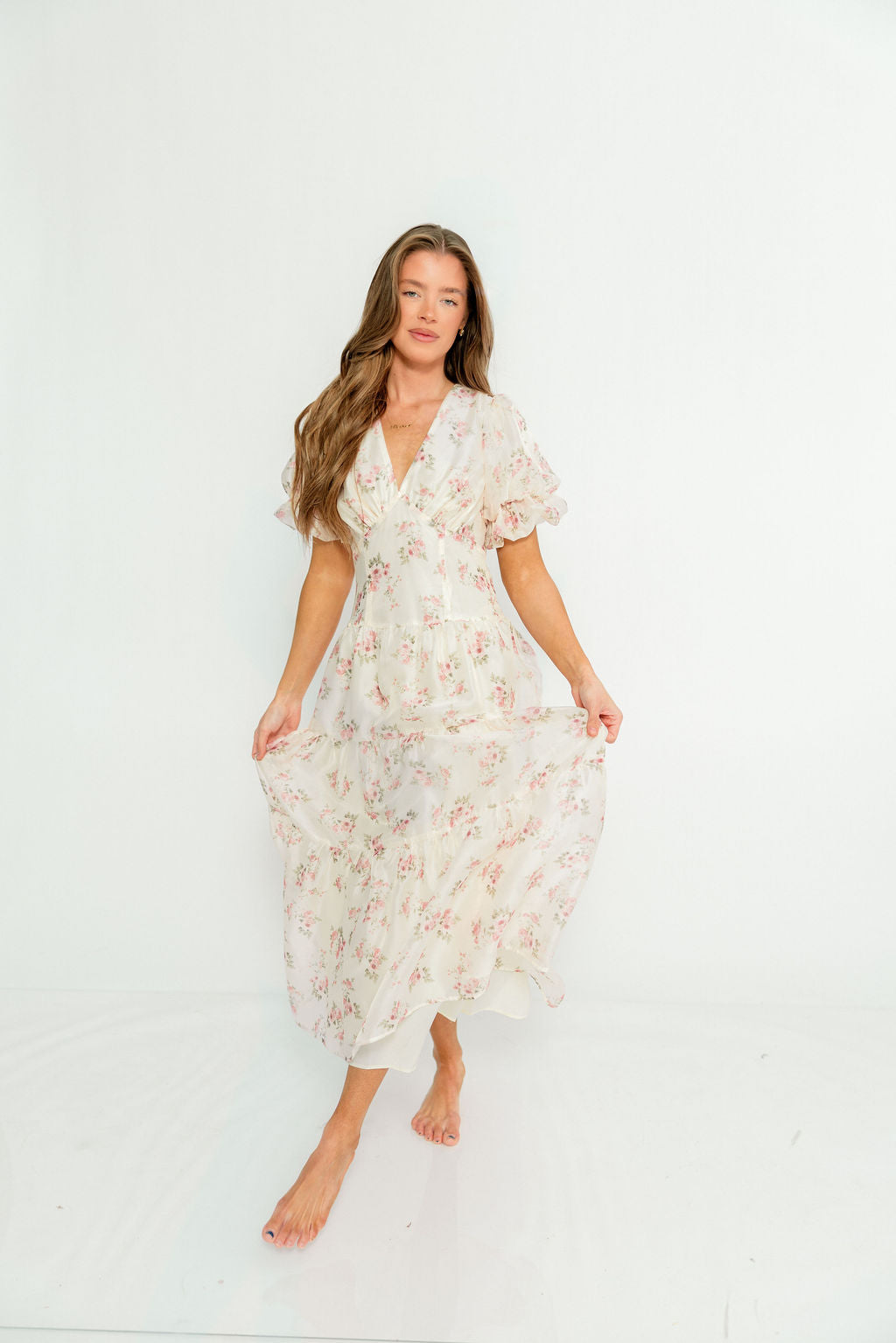 Kels Puff Sleeve Tiered Midi Dress in Ivory/Pink Floral