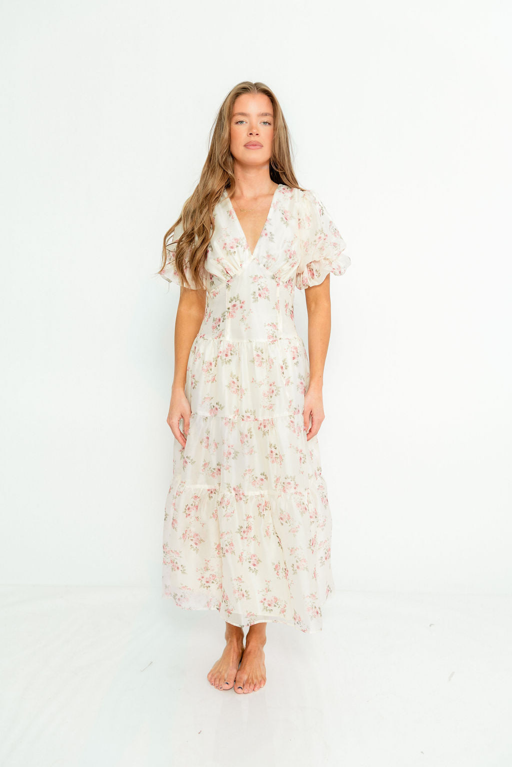 Kels Puff Sleeve Tiered Midi Dress in Ivory/Pink Floral