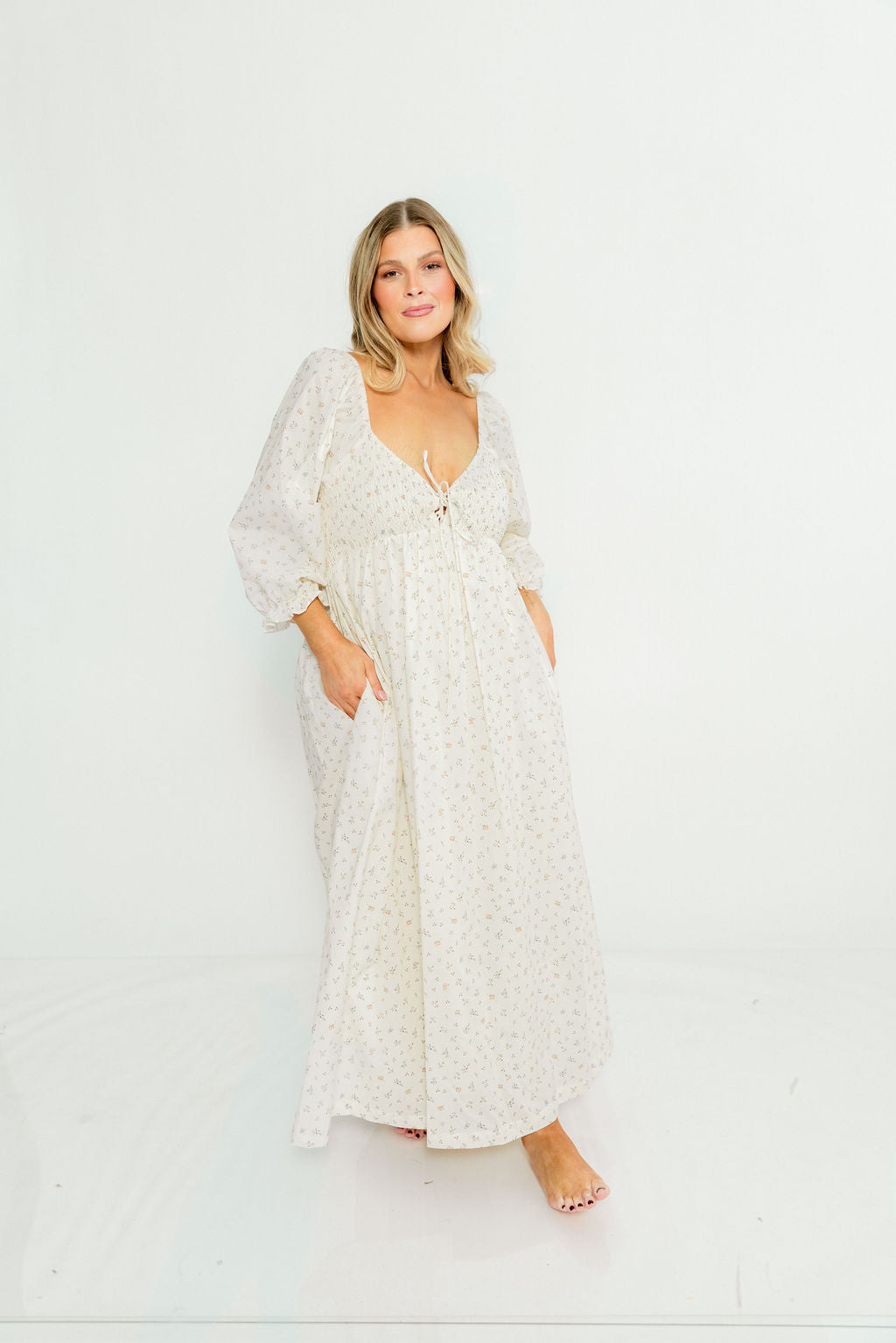 Cecilia 100% Cotton Smocked Maxi Dress in Flowery Ivory (Lined) - Bump Friendly