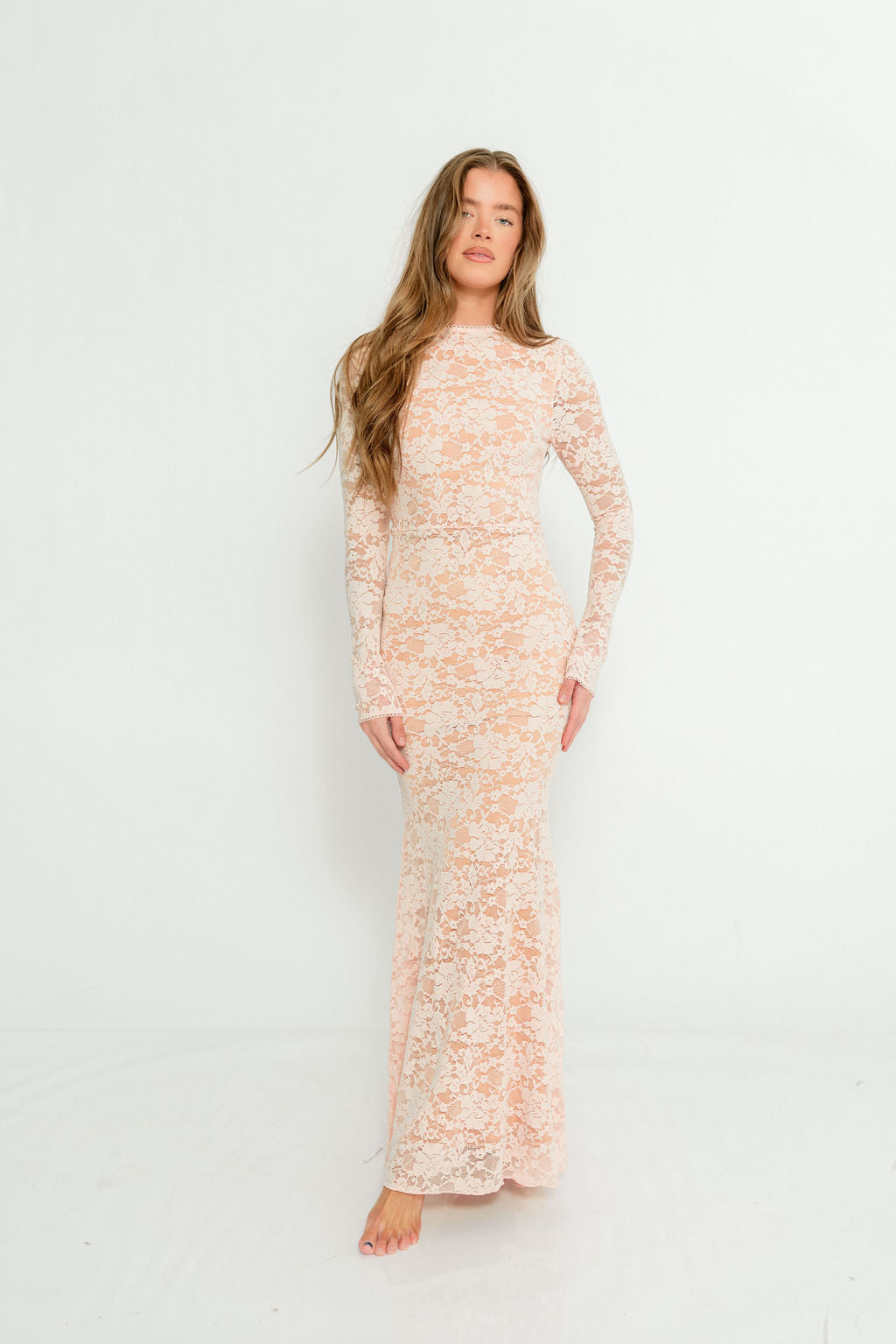 Seraphine Lace Maxi Dress in Pale Pink - Bump Friendly (Size Up for Bump)
