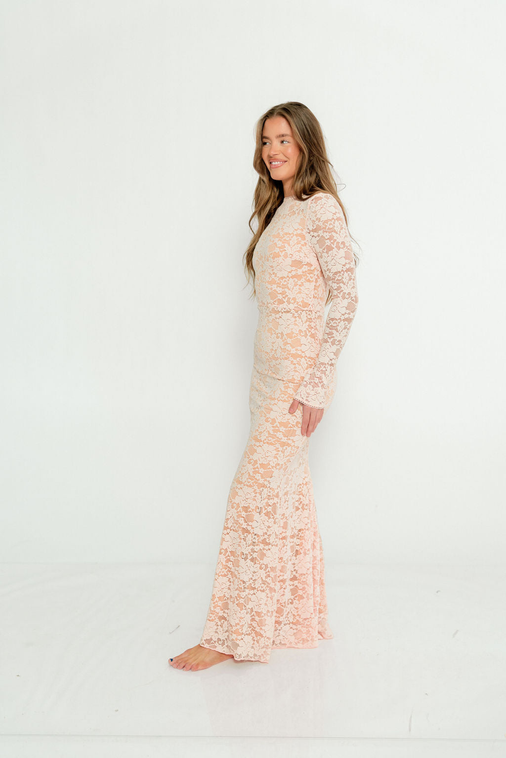Seraphine Lace Maxi Dress in Pale Pink - Bump Friendly (Size Up for Bump)