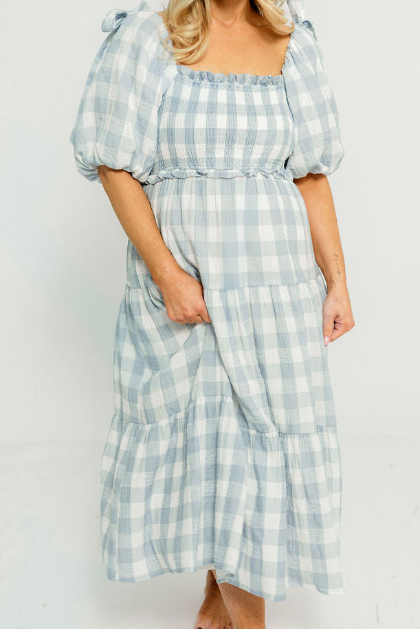 Elena 100% Cotton Gingham Midi Dress in Dusty Blue - Bump Friendly & Inclusive Sizing *6/30 PRE-ORDER*