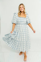 Elena 100% Cotton Gingham Midi Dress in Dusty Blue - Bump Friendly & Inclusive Sizing *6/30 PRE-ORDER*