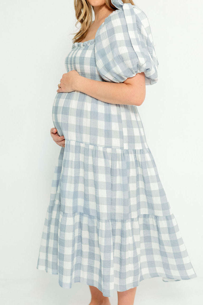 Elena 100% Cotton Gingham Midi Dress in Dusty Blue - Bump Friendly & Inclusive Sizing *6/30 PRE-ORDER*