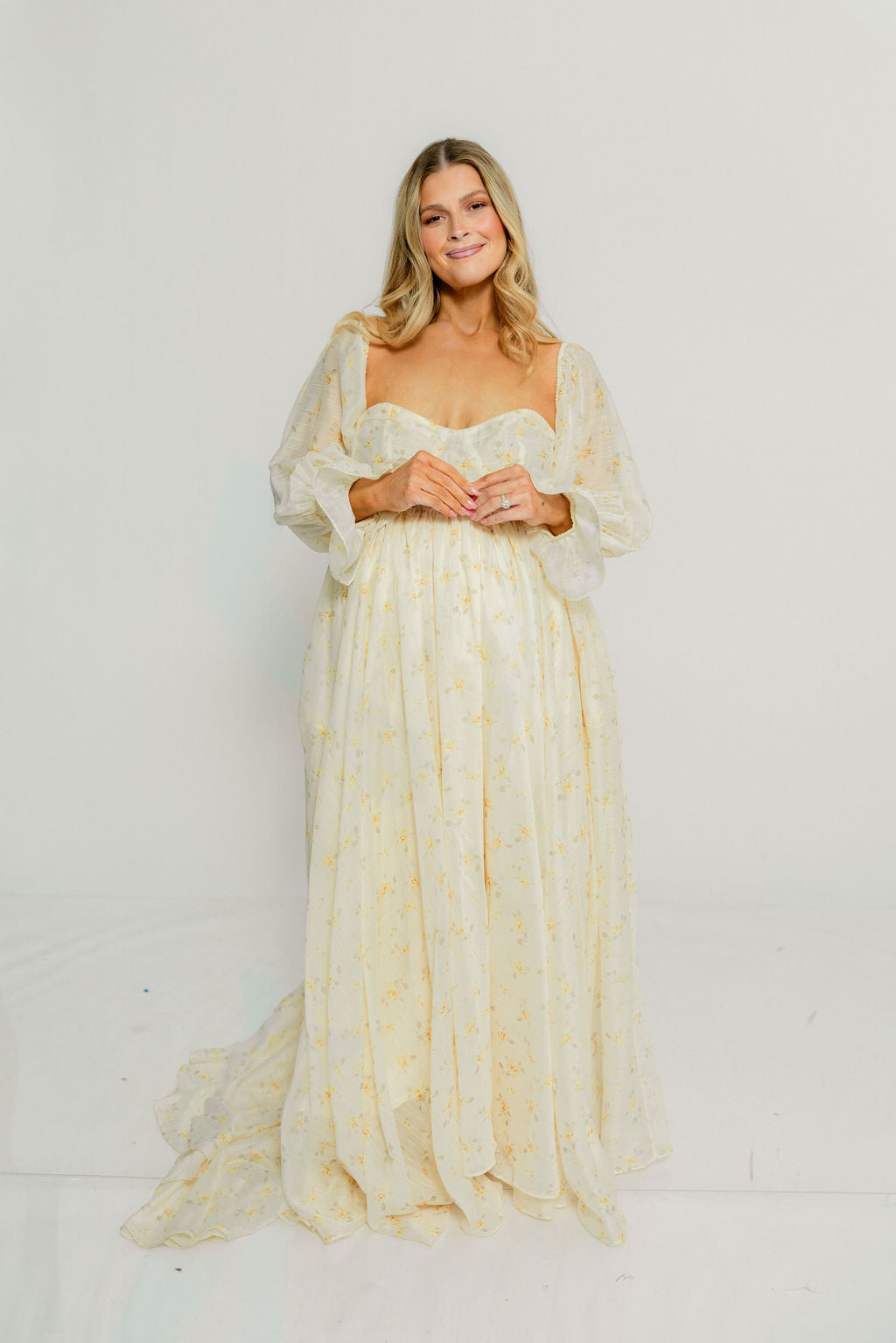 Delilah Maxi Dress with Train in Butter Yellow - Bump Friendly