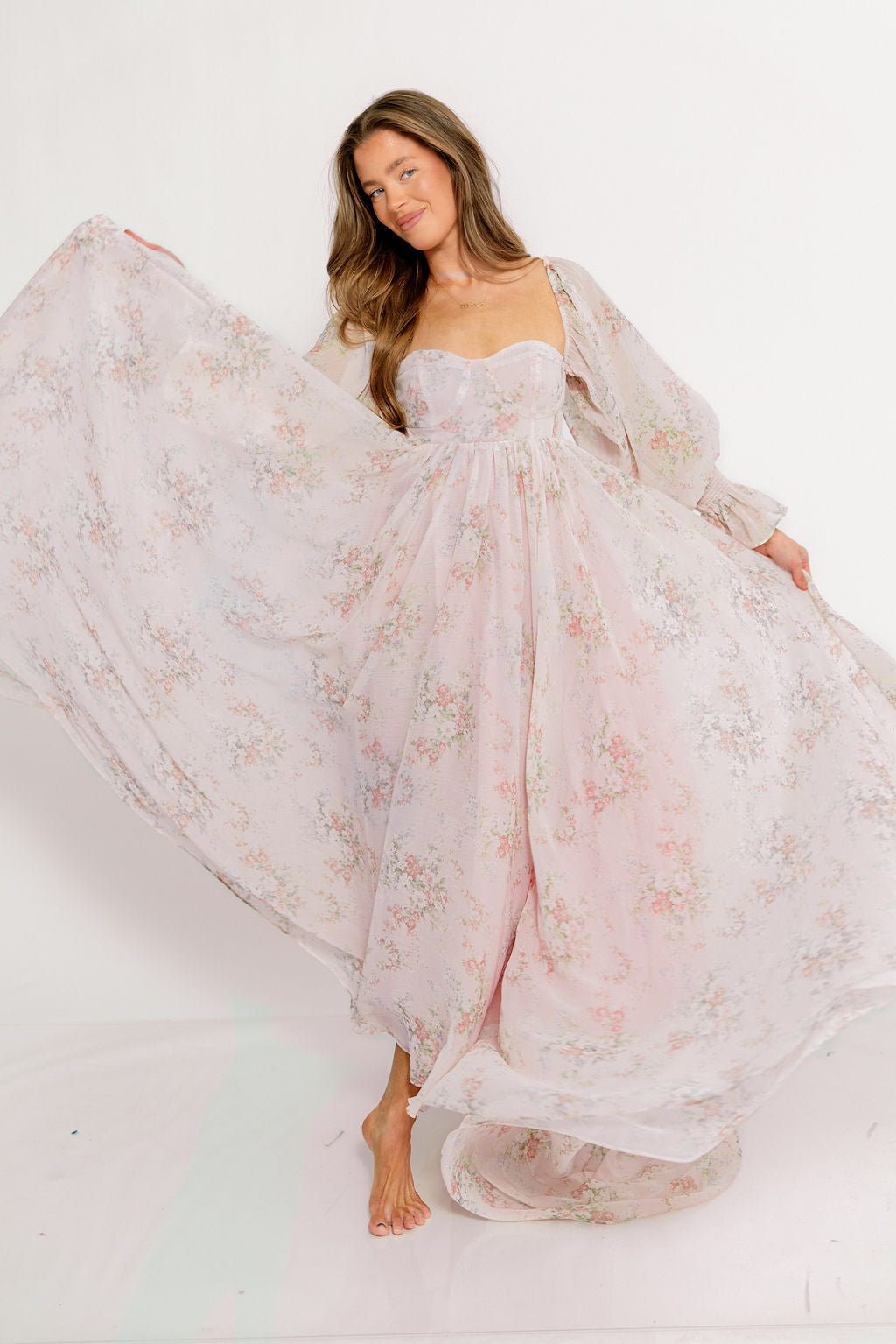 Delilah Maxi Dress with Train in Muted Blush Floral - Bump Friendly