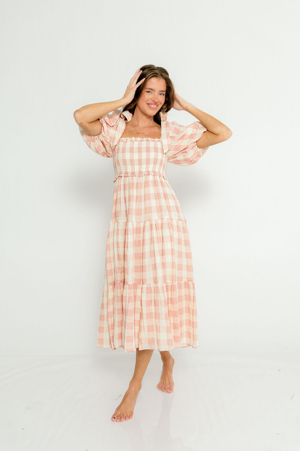 Elena 100% Cotton Gingham Midi Dress in Dusty Pink - Bump Friendly & Inclusive Sizing