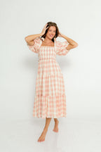 Elena 100% Cotton Gingham Midi Dress in Dusty Pink - Bump Friendly & Inclusive Sizing