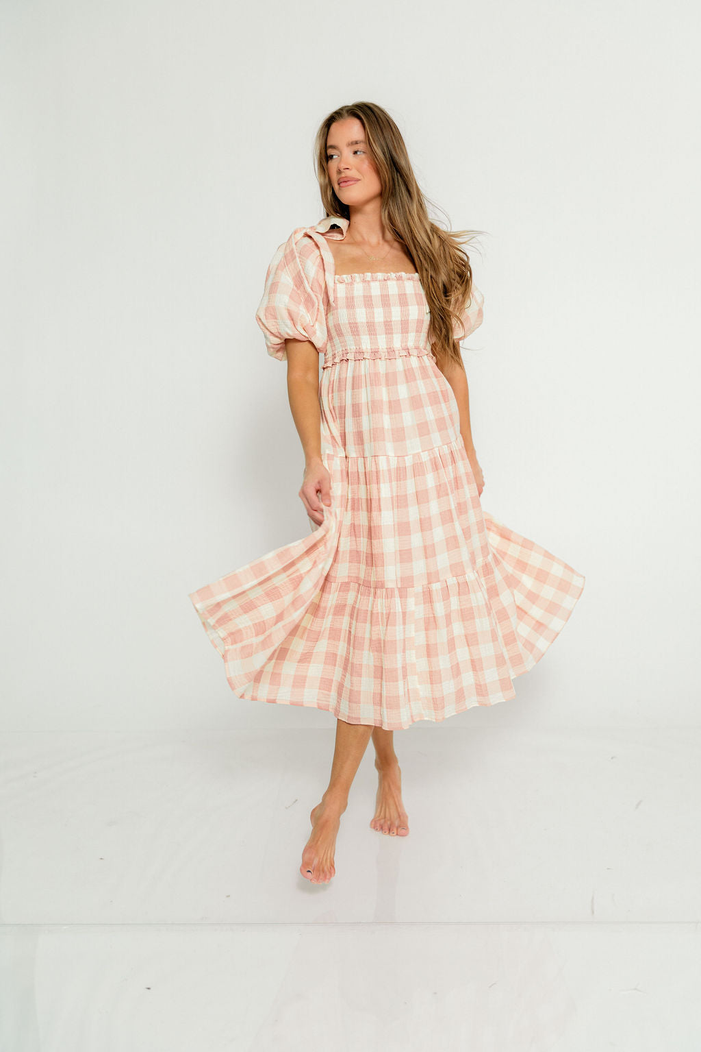 Elena 100% Cotton Gingham Midi Dress in Dusty Pink - Bump Friendly & Inclusive Sizing
