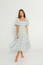 Elena 100% Cotton Gingham Midi Dress in Dusty Blue - Bump Friendly & Inclusive Sizing *6/30 PRE-ORDER*